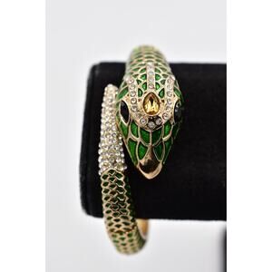 Vintage Green Enamel Snake Bracelet Rhinestone Eyes Hinged Gold Serpent 90s BinO